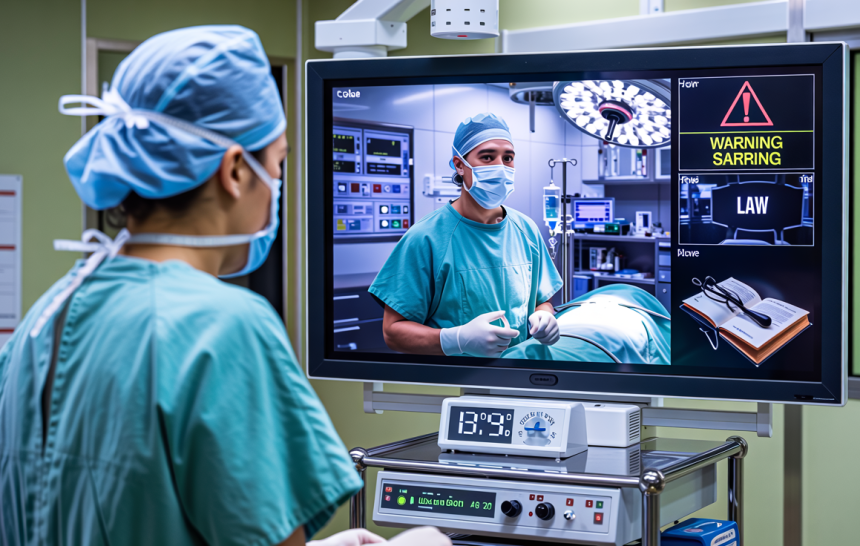 Image showing Indian healthcare and legal compliance for live surgery broadcasts, following NMC 2025 guidelines.