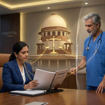 Visiting-Consultant-Vicarious-Liability-Supreme-Court Hospital director and visiting surgeon reviewing a legal contract regarding vicarious liability under the Supreme Court of India guidelines.