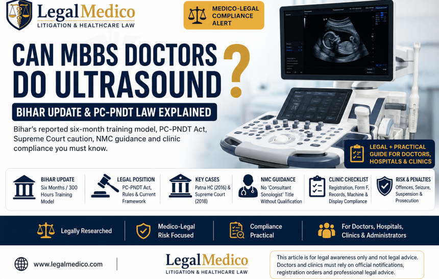 LegalMedico infographic explaining whether MBBS doctors can do ultrasound in India, Bihar PC-PNDT update, six-month training, Supreme Court caution, NMC guidance and clinic compliance risks.