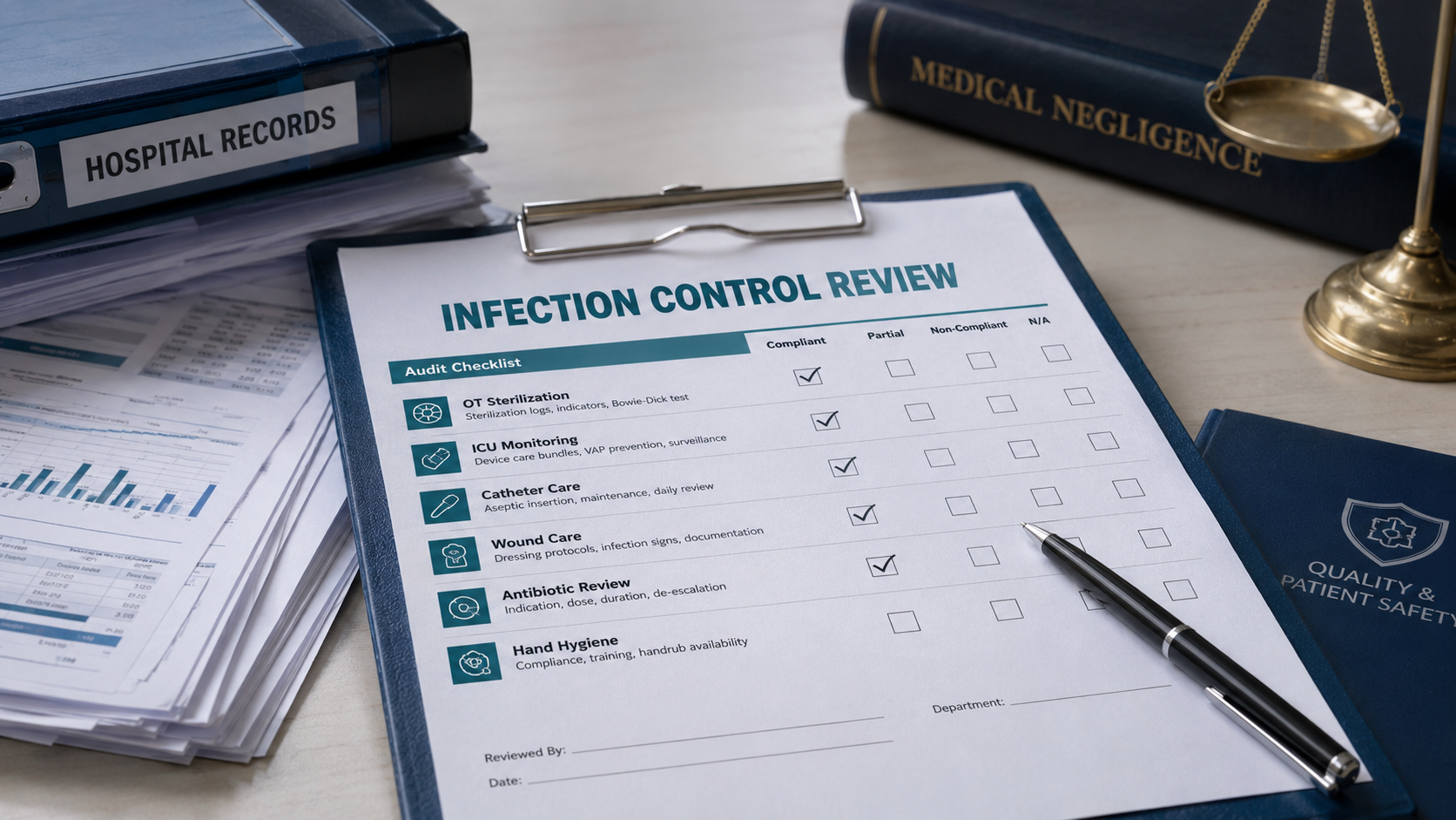 Hospital infection-control review checklist with OT sterilization ICU monitoring catheter care wound care and antibiotic review