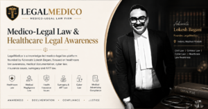 Alt Text: LegalMedico medico-legal and healthcare law awareness banner featuring Advocate Lokesh Bagani, with references to healthcare law, medical negligence, health insurance issues, cyber law, surrogacy and ART law.