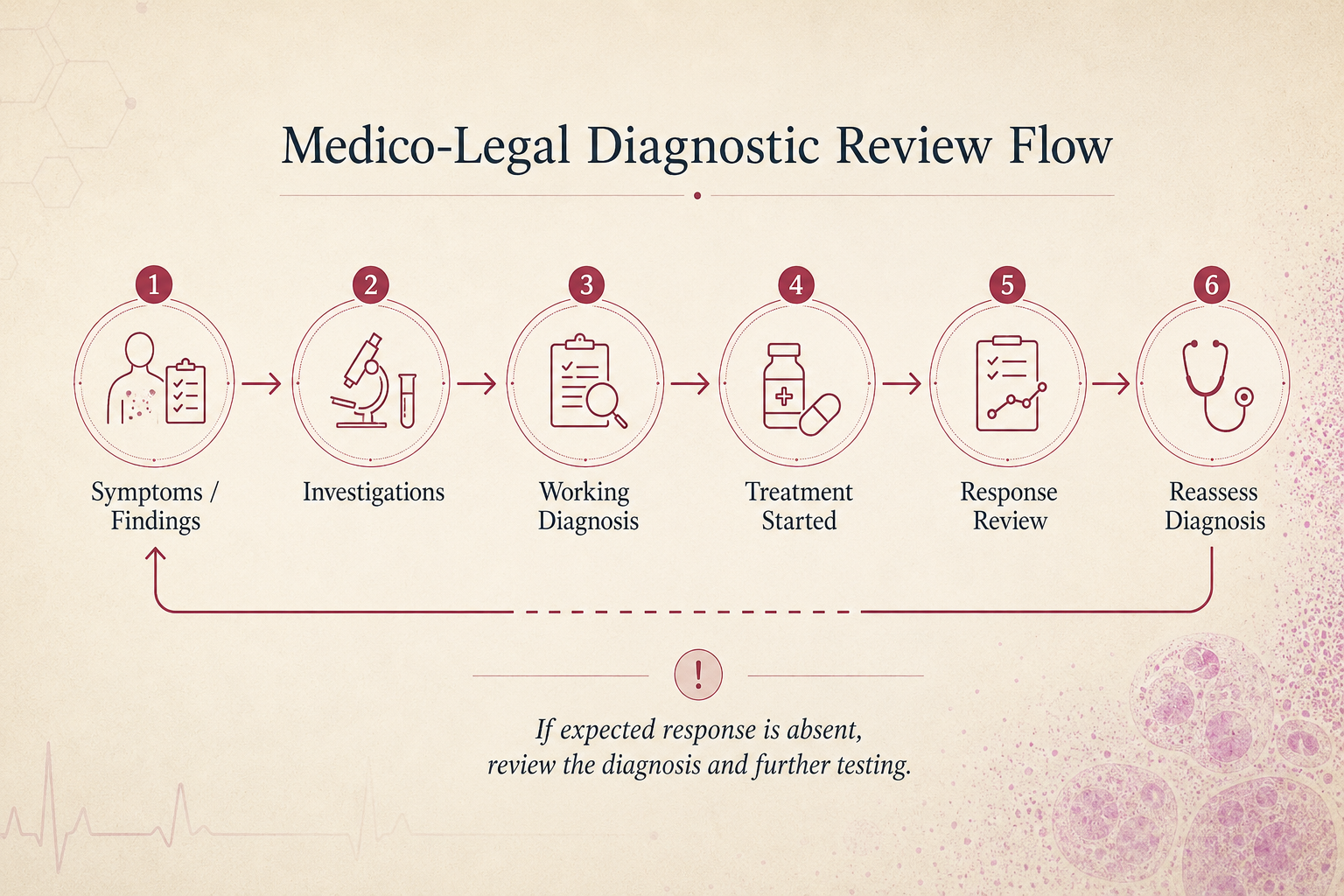 Medico-legal diagnostic review flow from symptoms and investigations through treatment response and reassessment