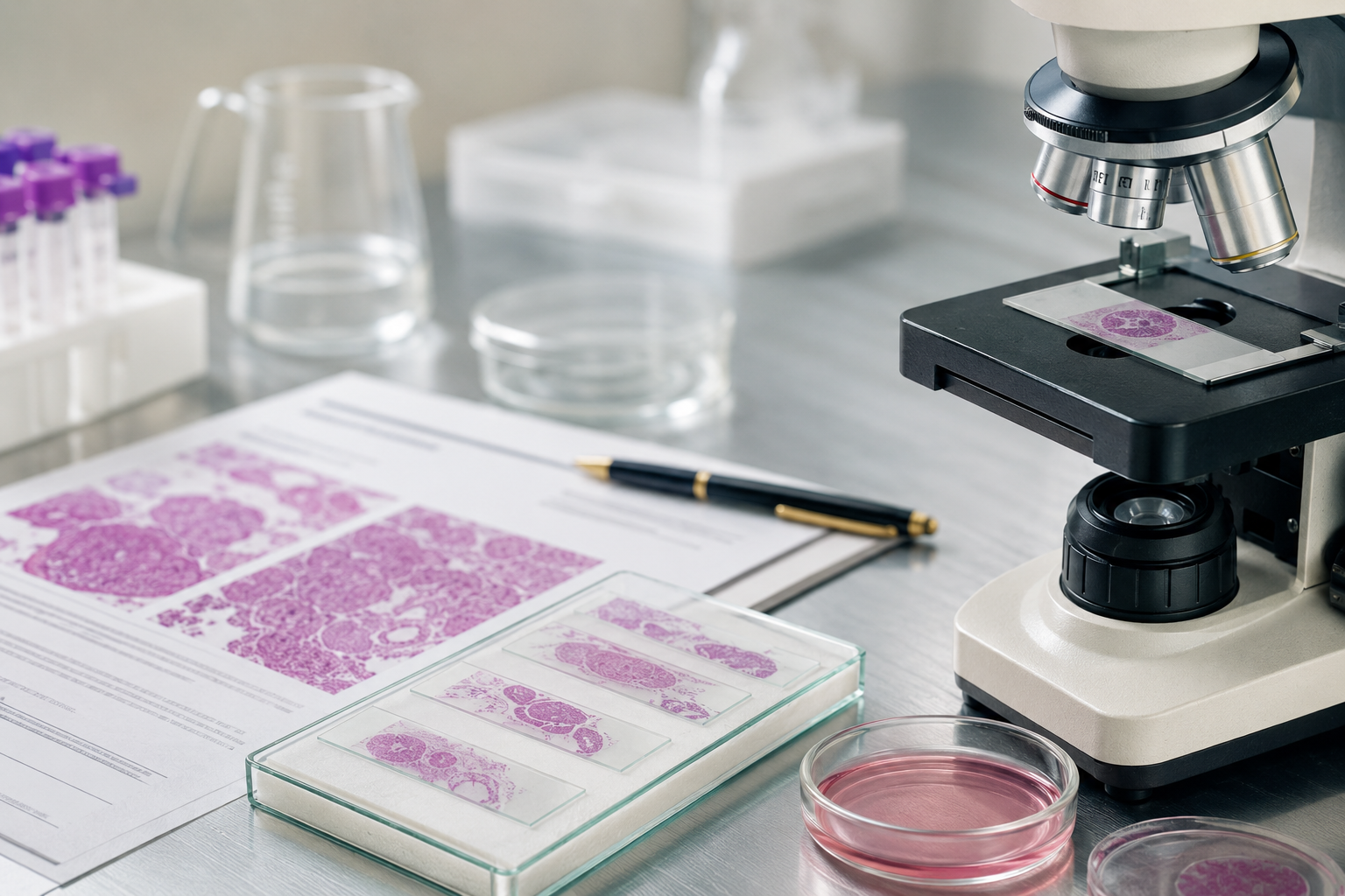 Microscope, pathology slides and diagnostic report representing histopathological review