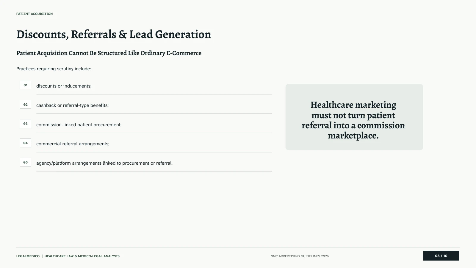 NMC rules on discounts referral fees and lead generation